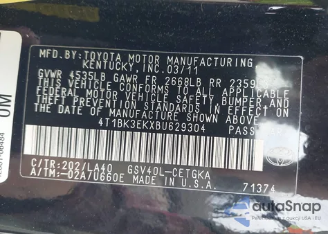 2011 Toyota Camry Xle V6 из США, поврежденный, VIN 4T1BK3EKXBU629304